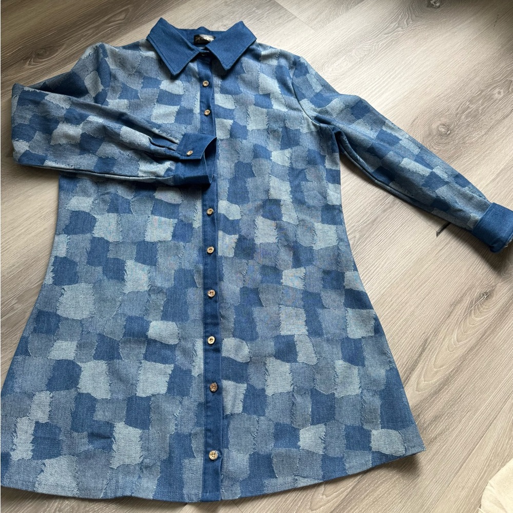 Cotton Blend Blue Patterned Patchwork Long Sleeve… - image 1